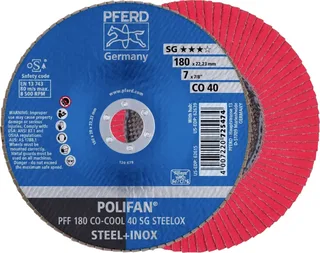 TOOLS 67660485 PFF 180 CO-COOL 40 SG STEELOX Fächerschleifscheibe Durchmesser 180 mm Bohrungs-Ø 22.23 mm Körnung (num) 40 Aluminiumlegierung by PFERD – product image 1 of 2