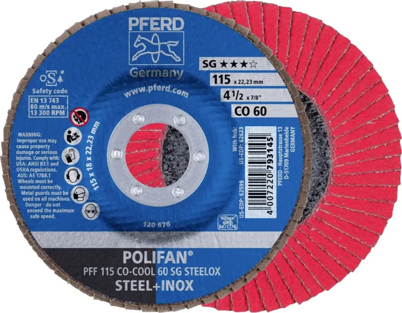 TOOLS 67660615 PFF 115 CO-COOL 60 SG STEELOX Fächerschleifscheibe Durchmesser 115 mm Bohrungs-Ø 22.23 mm Körnung (num) 60 Aluminiumlegierung de PFERD – image du produit 1 sur 2