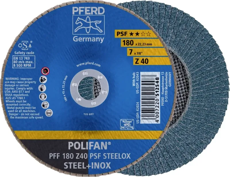TOOLS 67664185 PFF 180 Z 40 PSF STEELOX Fächerschleifscheibe Durchmesser 180 mm Bohrungs-Ø 22.23 mm Körnung (num) 40 Edelstahl, Stahl 10 St. de PFERD – image du produit 1 sur 2