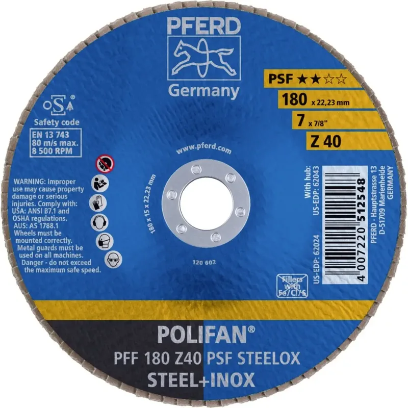 TOOLS 67664185 PFF 180 Z 40 PSF STEELOX Fächerschleifscheibe Durchmesser 180 mm Bohrungs-Ø 22.23 mm Körnung (num) 40 Edelstahl, Stahl 10 St. de PFERD – image du produit 2 sur 2