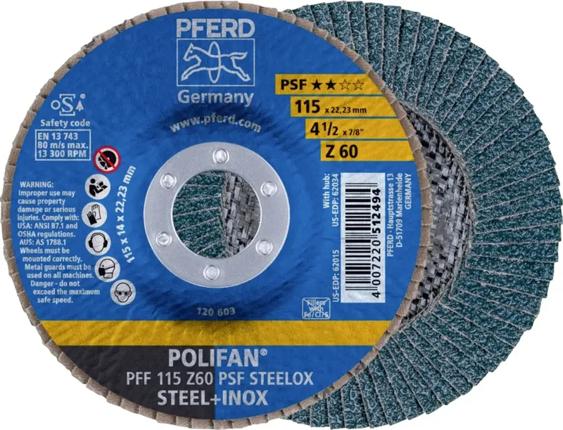 TOOLS 67666115 PFF 115 Z 60 PSF STEELOX Fächerschleifscheibe Durchmesser 115 mm Bohrungs-Ø 22.23 mm Körnung (num) 60 Edelstahl, Stahl 10 St. von PFERD – Produktbild 1 von 2