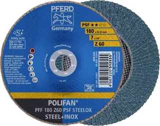 TOOLS 67666185 PFF 180 Z 60 PSF STEELOX Fächerschleifscheibe Durchmesser 180 mm Bohrungs-Ø 22.23 mm Körnung (num) 60 Edelstahl, Stahl 10 St. de PFERD – image du produit 1 sur 2