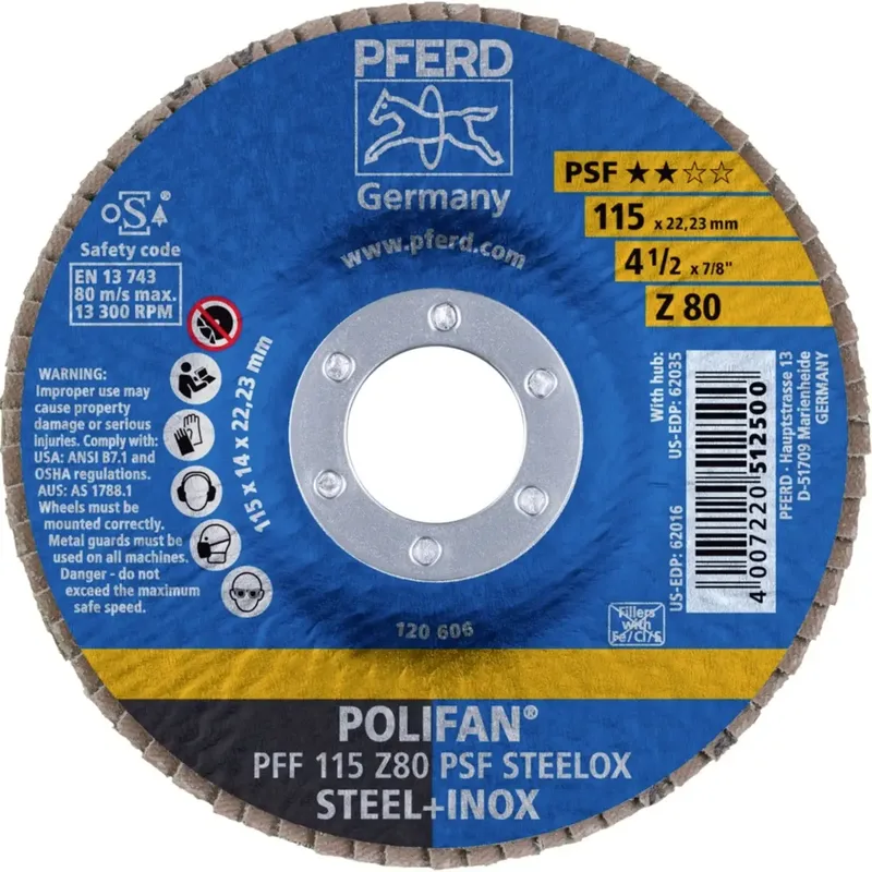 TOOLS 67668115 PFF 115 Z 80 PSF STEELOX Fächerschleifscheibe Durchmesser 115 mm Bohrungs-Ø 22.23 mm Körnung (num) 80 Edelstahl, Stahl 10 St. von PFERD – Produktbild 2 von 2