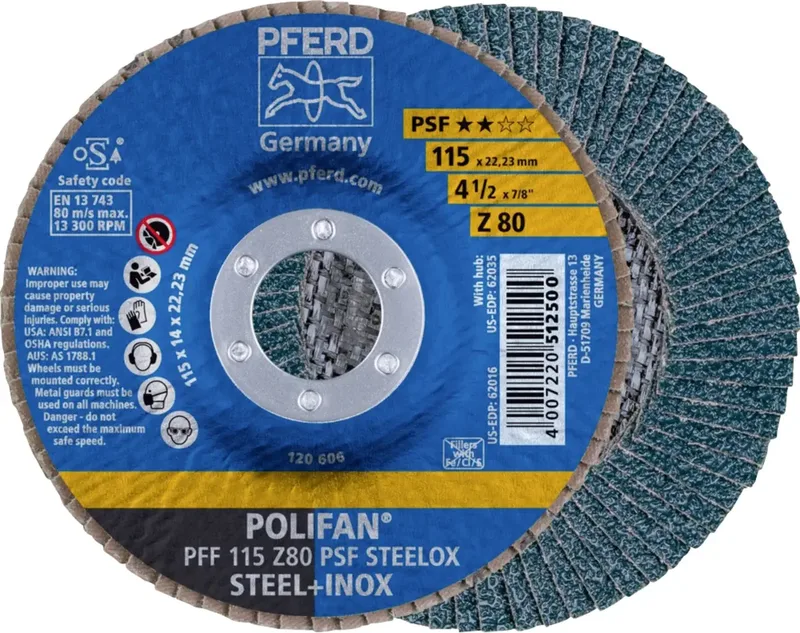 TOOLS 67668115 PFF 115 Z 80 PSF STEELOX Fächerschleifscheibe Durchmesser 115 mm Bohrungs-Ø 22.23 mm Körnung (num) 80 Edelstahl, Stahl 10 St. von PFERD – Produktbild 1 von 2