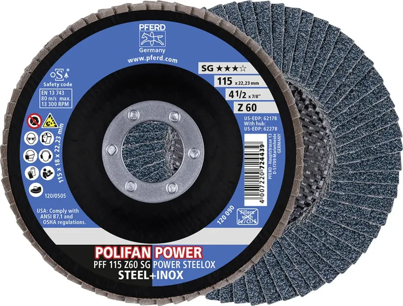 TOOLS 67686115 Z Sg Power Steelox Fächerschleifscheibe Durchmesser 115 mm Bohrungs-Ø 22.23 mm Körnung (num) 60 10 St. de PFERD – image du produit 1 sur 3