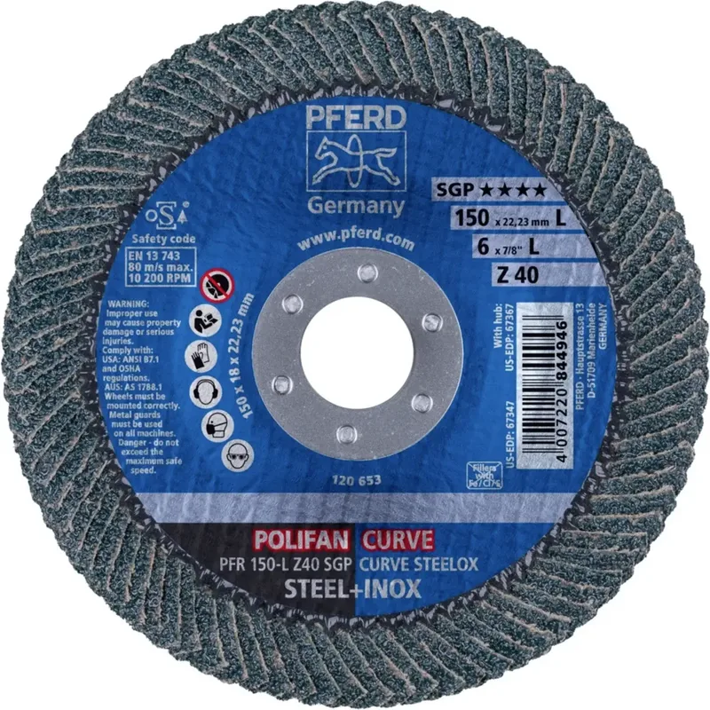 TOOLS 67689082 PFR 150-L Z 40 SGP CURVE STEELOX Fächerschleifscheibe Durchmesser 150 mm Bohrungs-Ø 22.23 mm Körnung (num) 40 Edelstahl, Stahl 10 St. von PFERD – Produktbild 2 von 2