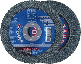 TOOLS 67689082 PFR 150-L Z 40 SGP CURVE STEELOX Fächerschleifscheibe Durchmesser 150 mm Bohrungs-Ø 22.23 mm Körnung (num) 40 Edelstahl, Stahl 10 St. von PFERD – Produktbild 1 von 2