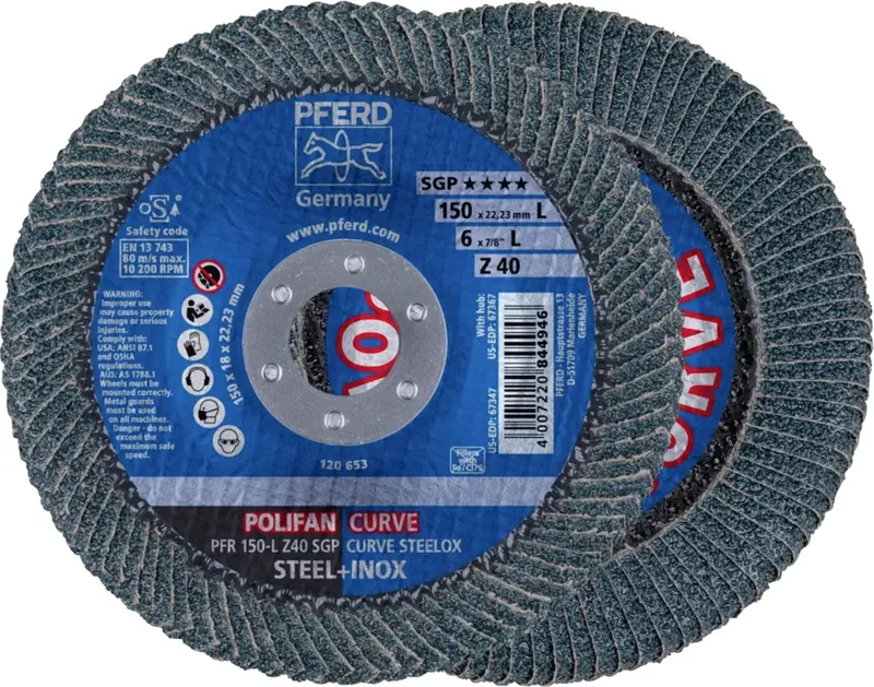 TOOLS 67689082 PFR 150-L Z 40 SGP CURVE STEELOX Fächerschleifscheibe Durchmesser 150 mm Bohrungs-Ø 22.23 mm Körnung (num) 40 Edelstahl, Stahl 10 St. von PFERD – Produktbild 1 von 2
