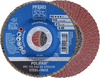 TOOLS 67704115 PFC 115 A 40 SG STEELOX Fächerschleifscheibe Durchmesser 115 mm Bohrungs-Ø 22.23 mm Körnung (num) 40 Edelstahl, Stahl 10 St. von PFERD – Produktbild 1 von 2