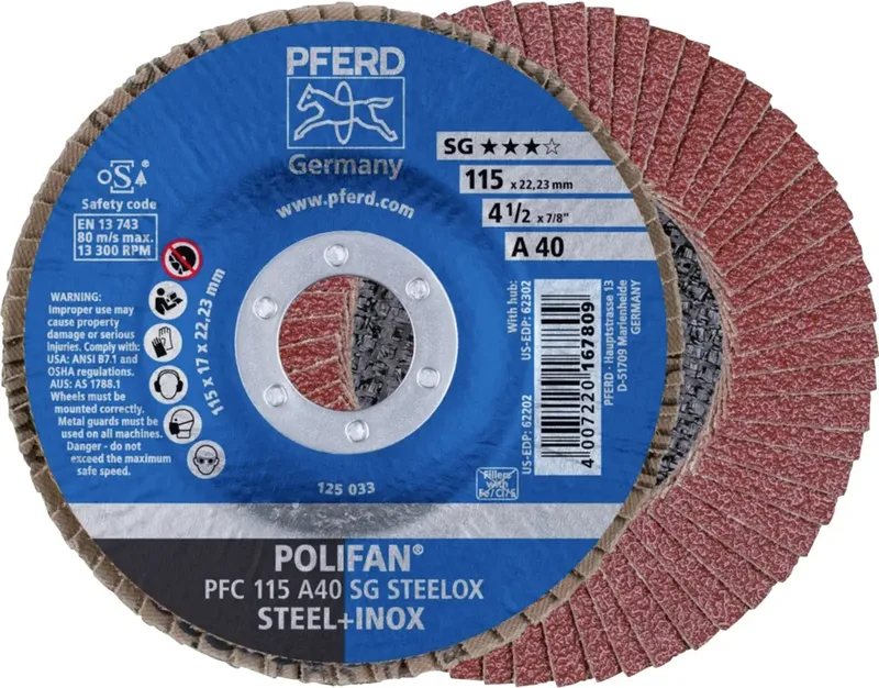 TOOLS 67704115 PFC 115 A 40 SG STEELOX Fächerschleifscheibe Durchmesser 115 mm Bohrungs-Ø 22.23 mm Körnung (num) 40 Edelstahl, Stahl 10 St. von PFERD – Produktbild 1 von 2