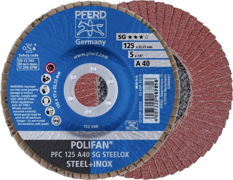 TOOLS 67704125 PFC 125 A 40 SG STEELOX Fächerschleifscheibe Durchmesser 125 mm Bohrungs-Ø 22.23 mm Körnung (num) 40 Edelstahl, Stahl 10 St. by PFERD – product image 1 of 2