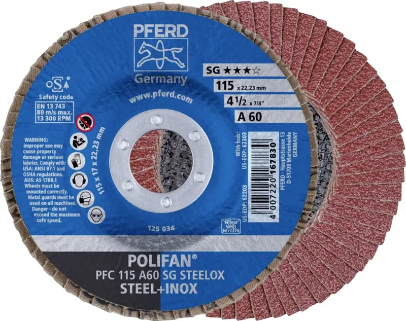 TOOLS 67706115 PFC 115 A 60 SG STEELOX Fächerschleifscheibe Durchmesser 115 mm Bohrungs-Ø 22.23 mm Körnung (num) 60 Edelstahl, Stahl 10 St. von PFERD – Produktbild 1 von 2