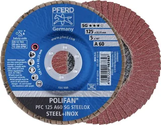 TOOLS 67706125 PFC 125 A 60 SG STEELOX Fächerschleifscheibe Durchmesser 125 mm Bohrungs-Ø 22.23 mm Körnung (num) 60 Edelstahl, Stahl 10 St. de PFERD – image du produit 1 sur 2