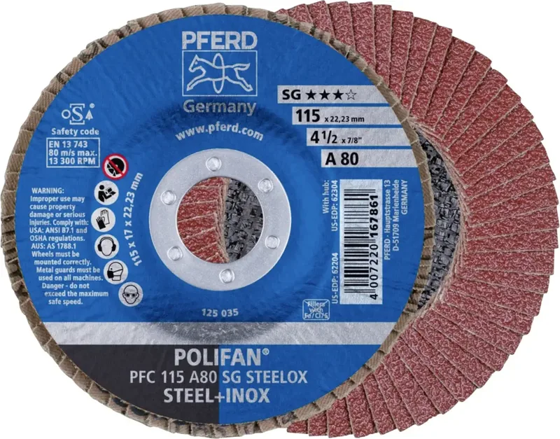 TOOLS 67708115 PFC 115 A 80 SG STEELOX Fächerschleifscheibe Durchmesser 115 mm Bohrungs-Ø 22.23 mm Körnung (num) 80 Edelstahl, Stahl 10 St. de PFERD – image du produit 1 sur 2