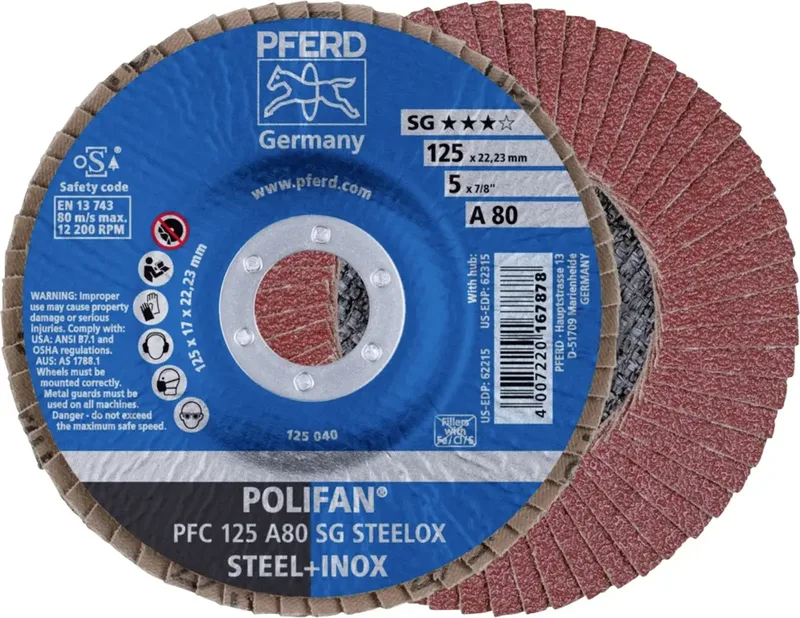 TOOLS 67708125 PFC 125 A 80 SG STEELOX Fächerschleifscheibe Durchmesser 125 mm Bohrungs-Ø 22.23 mm Körnung (num) 80 Edelstahl, Stahl 10 St. von PFERD – Produktbild 1 von 2
