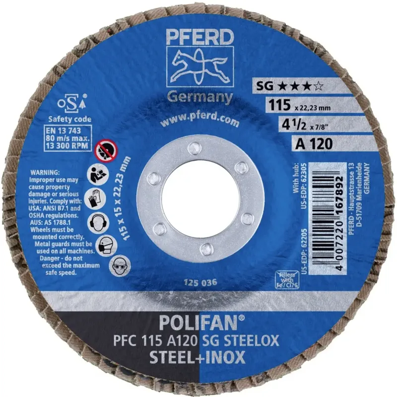 TOOLS 67712115 PFC 115 A 120 SG STEELOX Fächerschleifscheibe Durchmesser 115 mm Bohrungs-Ø 22.23 mm Körnung (num) 120 Edelstahl, Stahl 10 St. von PFERD – Produktbild 2 von 2