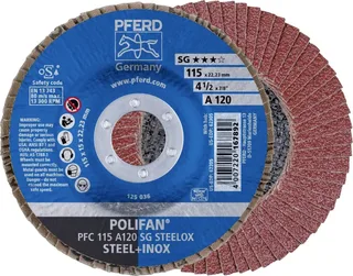 TOOLS 67712115 PFC 115 A 120 SG STEELOX Fächerschleifscheibe Durchmesser 115 mm Bohrungs-Ø 22.23 mm Körnung (num) 120 Edelstahl, Stahl 10 St. von PFERD – Produktbild 1 von 2