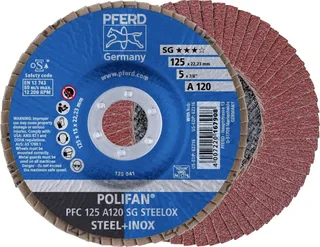 TOOLS 67712125 PFC 125 A 120 SG STEELOX Fächerschleifscheibe Durchmesser 125 mm Bohrungs-Ø 22.23 mm Körnung (num) 120 Edelstahl, Stahl 10 St. de PFERD – image du produit 1 sur 2