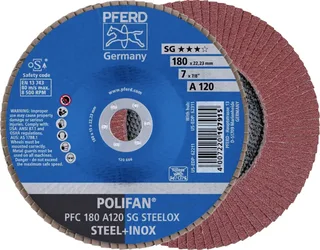 TOOLS 67712185 PFC 180 A 120 SG STEELOX Fächerschleifscheibe Durchmesser 180 mm Bohrungs-Ø 22.23 mm Körnung (num) 120 Edelstahl, Stahl 10 St. de PFERD – image du produit 1 sur 2