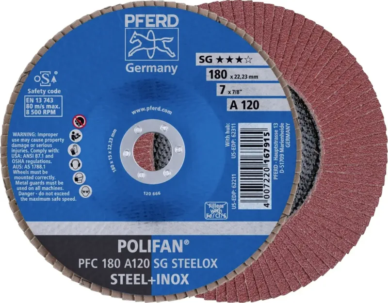 TOOLS 67712185 PFC 180 A 120 SG STEELOX Fächerschleifscheibe Durchmesser 180 mm Bohrungs-Ø 22.23 mm Körnung (num) 120 Edelstahl, Stahl 10 St. de PFERD – image du produit 1 sur 2