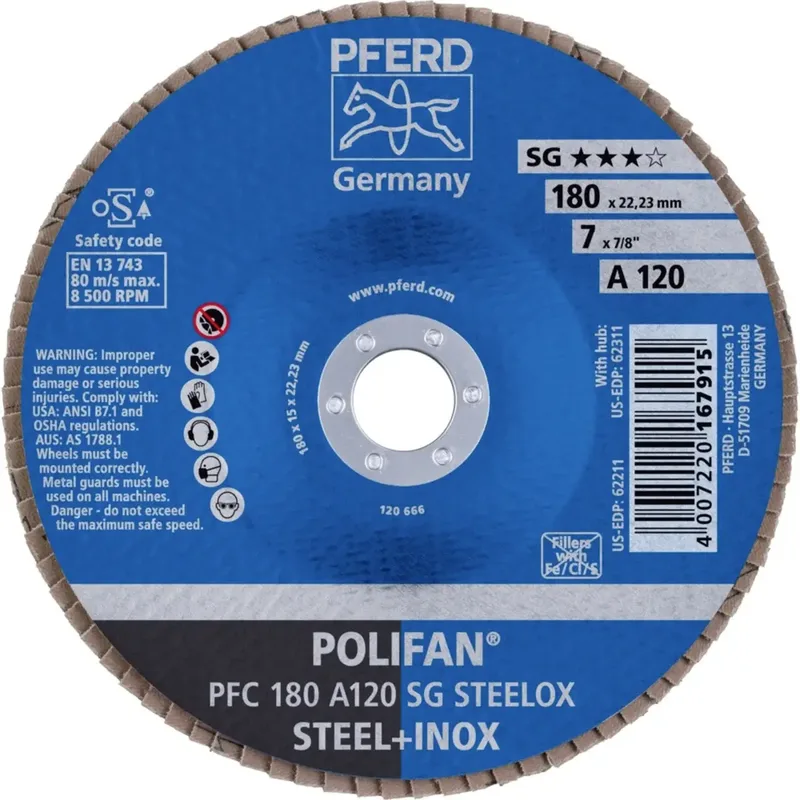 TOOLS 67712185 PFC 180 A 120 SG STEELOX Fächerschleifscheibe Durchmesser 180 mm Bohrungs-Ø 22.23 mm Körnung (num) 120 Edelstahl, Stahl 10 St. de PFERD – image du produit 2 sur 2