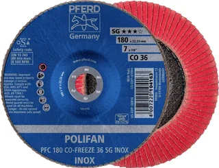 TOOLS 67718036 PFC 180 CO-FREEZE 36 SG INOX Fächerschleifscheibe Durchmesser 180 mm Bohrungs-Ø 22.23 mm Körnung (num) 36 Nickelbasislegierung de PFERD – image du produit 1 sur 2