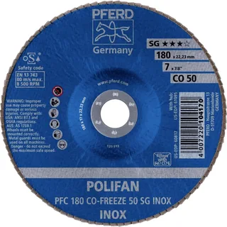 TOOLS 67718050 PFC 180 CO-FREEZE 50 SG INOX Fächerschleifscheibe Durchmesser 180 mm Bohrungs-Ø 22.23 mm Körnung (num) 50 Nickelbasislegierung de PFERD – image du produit 2 sur 2