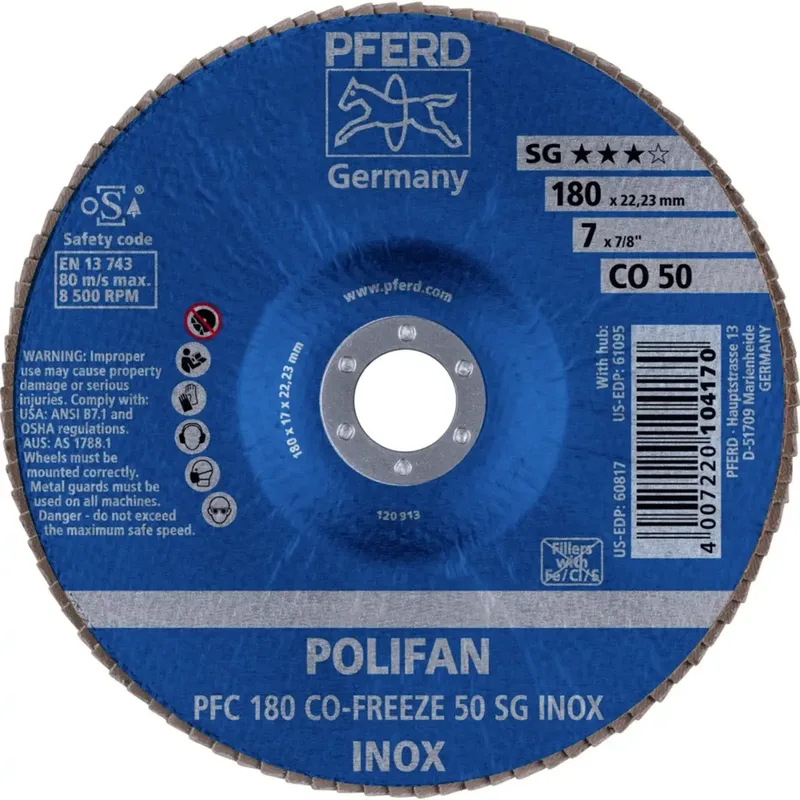 TOOLS 67718050 PFC 180 CO-FREEZE 50 SG INOX Fächerschleifscheibe Durchmesser 180 mm Bohrungs-Ø 22.23 mm Körnung (num) 50 Nickelbasislegierung de PFERD – image du produit 2 sur 2