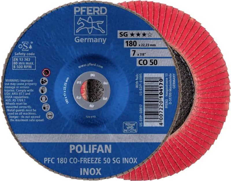 TOOLS 67718050 PFC 180 CO-FREEZE 50 SG INOX Fächerschleifscheibe Durchmesser 180 mm Bohrungs-Ø 22.23 mm Körnung (num) 50 Nickelbasislegierung de PFERD – image du produit 1 sur 2