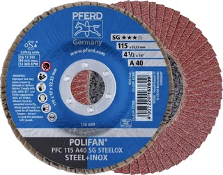 TOOLS 67744115 PFC 115 A 40 PSF STEELOX Fächerschleifscheibe Durchmesser 115 mm Bohrungs-Ø 22.23 mm Körnung (num) 40 Edelstahl, Stahl 10 St. de PFERD – image du produit 1 sur 2