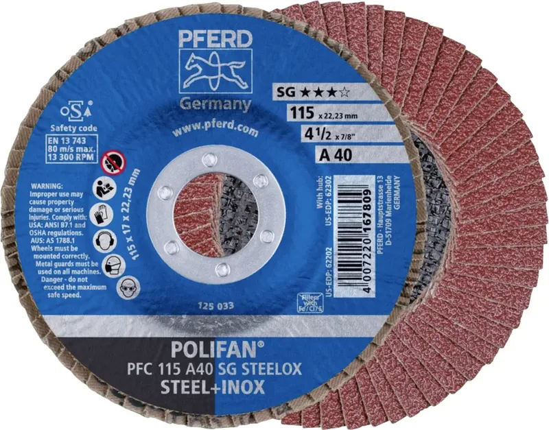 TOOLS 67744115 PFC 115 A 40 PSF STEELOX Fächerschleifscheibe Durchmesser 115 mm Bohrungs-Ø 22.23 mm Körnung (num) 40 Edelstahl, Stahl 10 St. de PFERD – image du produit 1 sur 2