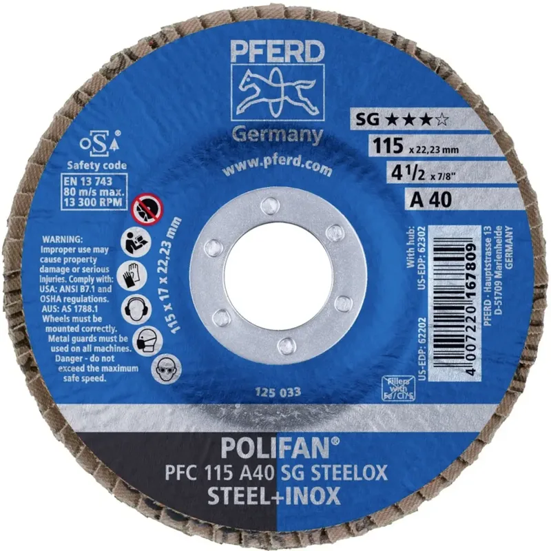 TOOLS 67744115 PFC 115 A 40 PSF STEELOX Fächerschleifscheibe Durchmesser 115 mm Bohrungs-Ø 22.23 mm Körnung (num) 40 Edelstahl, Stahl 10 St. de PFERD – image du produit 2 sur 2