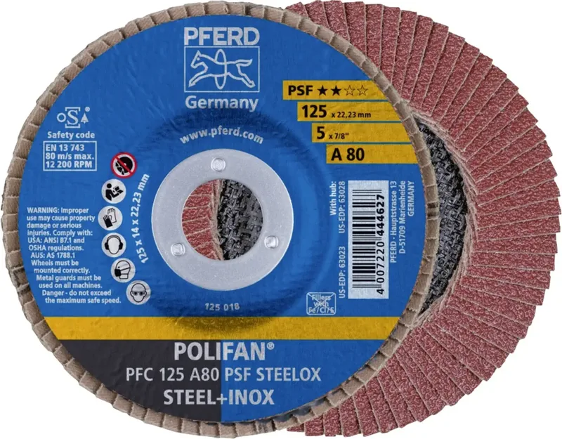 TOOLS 67748125 PFC 125 A 80 PSF STEELOX Fächerschleifscheibe Durchmesser 125 mm Bohrungs-Ø 22.23 mm Körnung (num) 80 Edelstahl, Stahl 10 St. by PFERD – product image 1 of 2