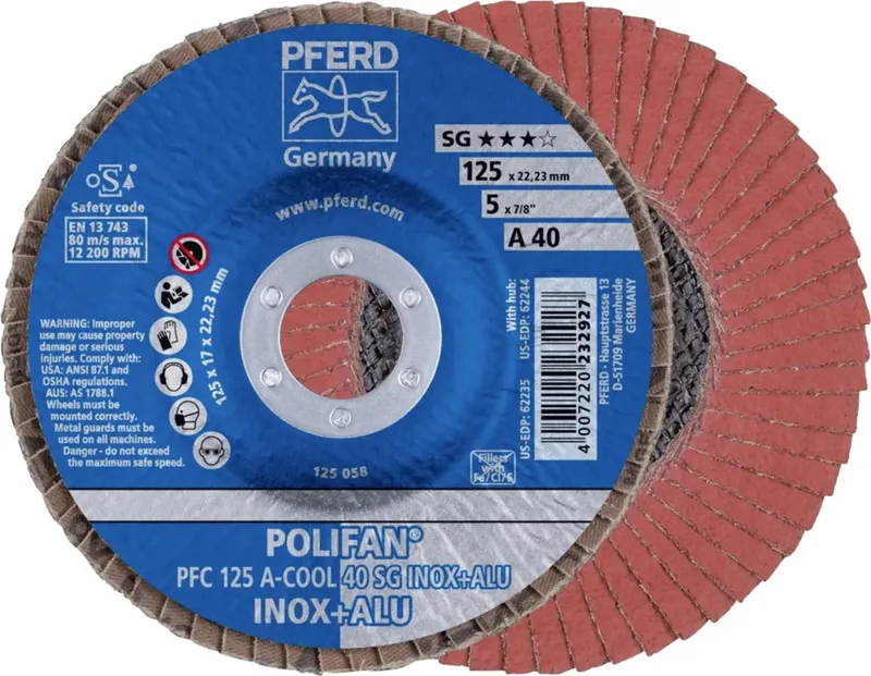 TOOLS 67754125 PFC 125 A-COOL 40 SG INOX+ALU Fächerschleifscheibe Durchmesser 125 mm Bohrungs-Ø 22.23 mm Körnung (num) 40 Aluminium, NE-Metalle von PFERD – Produktbild