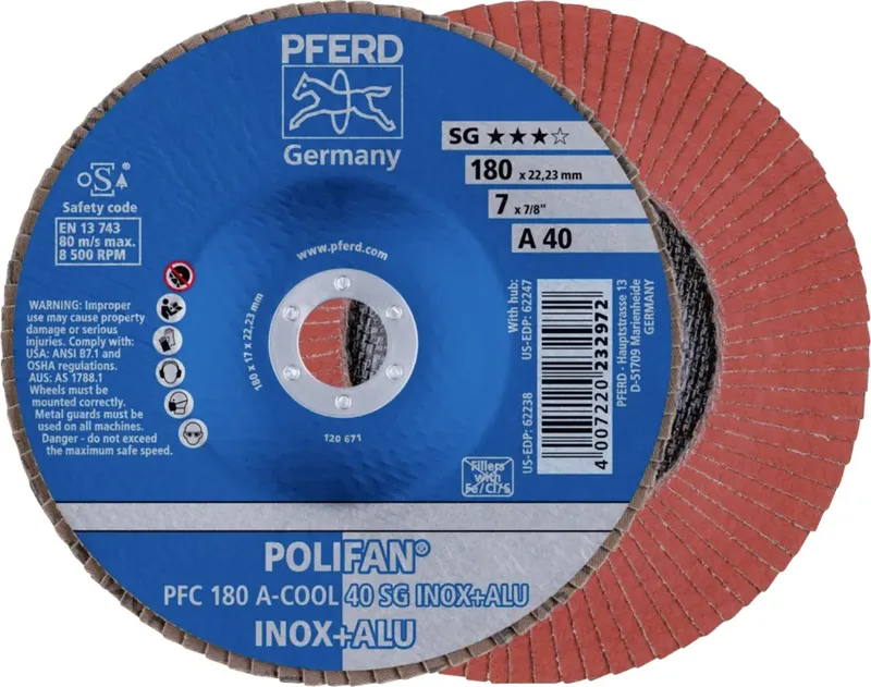 TOOLS 67754185 PFC 180 A-COOL 40 SG INOX+ALU Fächerschleifscheibe Durchmesser 180 mm Bohrungs-Ø 22.23 mm Körnung (num) 40 Aluminium, NE-Metalle fra PFERD – produktbillede 1 af 2