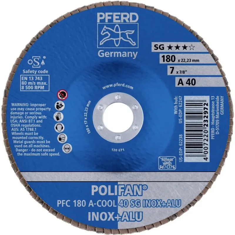 TOOLS 67754185 PFC 180 A-COOL 40 SG INOX+ALU Fächerschleifscheibe Durchmesser 180 mm Bohrungs-Ø 22.23 mm Körnung (num) 40 Aluminium, NE-Metalle fra PFERD – produktbillede 2 af 2