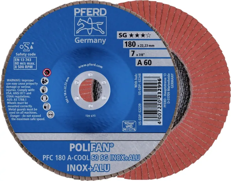 TOOLS 67756185 PFC 180 A-COOL 60 SG INOX+ALU Fächerschleifscheibe Durchmesser 180 mm Bohrungs-Ø 22.23 mm Körnung (num) 60 Aluminium, NE-Metalle de PFERD – image du produit 1 sur 2