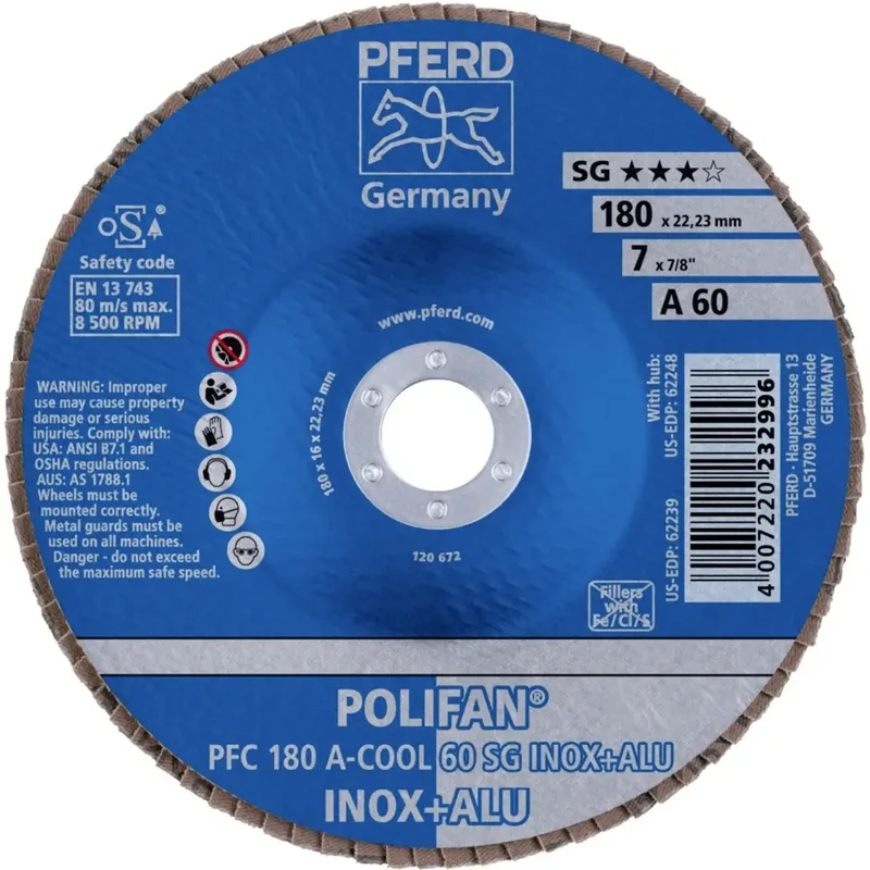 TOOLS 67756185 PFC 180 A-COOL 60 SG INOX+ALU Fächerschleifscheibe Durchmesser 180 mm Bohrungs-Ø 22.23 mm Körnung (num) 60 Aluminium, NE-Metalle de PFERD – image du produit 2 sur 2