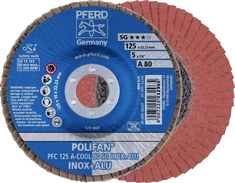TOOLS 67758125 PFC 125 A-COOL 80 SG INOX+ALU Fächerschleifscheibe Durchmesser 125 mm Bohrungs-Ø 22.23 mm Körnung (num) 80 Aluminium, NE-Metalle van PFERD – productafbeelding
