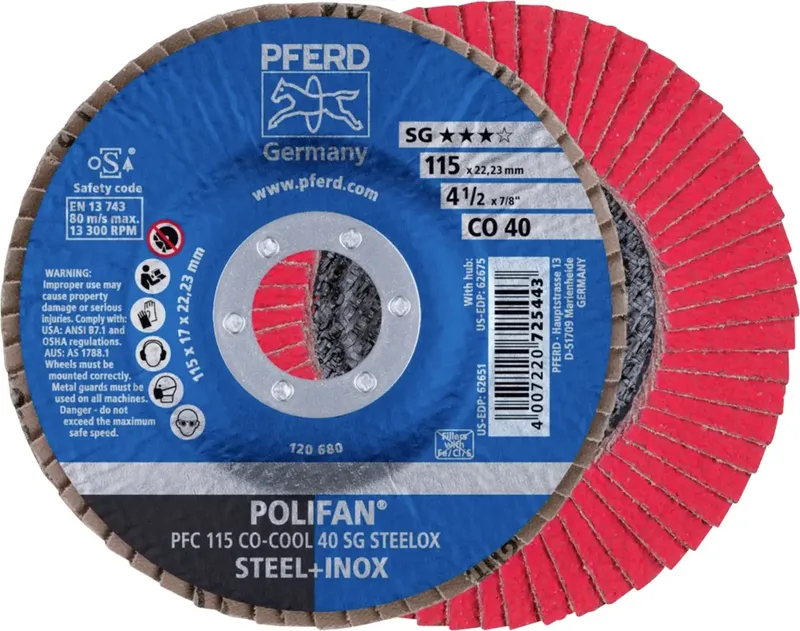 TOOLS 67760415 PFC 115 CO-COOL 40 SG STEELOX Fächerschleifscheibe Durchmesser 115 mm Bohrungs-Ø 22.23 mm Körnung (num) 40 Aluminiumlegierung de PFERD – image du produit 1 sur 2