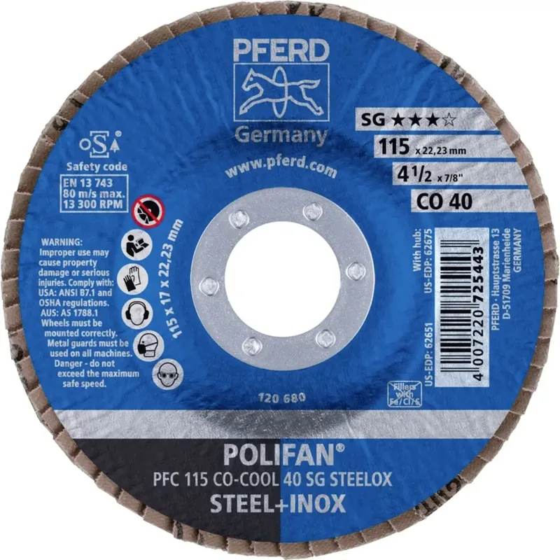 TOOLS 67760415 PFC 115 CO-COOL 40 SG STEELOX Fächerschleifscheibe Durchmesser 115 mm Bohrungs-Ø 22.23 mm Körnung (num) 40 Aluminiumlegierung de PFERD – image du produit 2 sur 2
