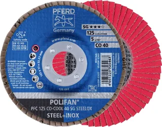 TOOLS 67760425 PFC 125 CO-COOL 40 SG STEELOX Fächerschleifscheibe Durchmesser 125 mm Bohrungs-Ø 22.23 mm Körnung (num) 40 Aluminiumlegierung von PFERD – Produktbild 1 von 2