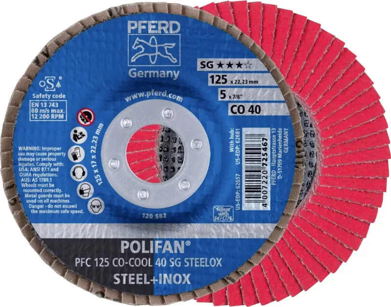 TOOLS 67760425 PFC 125 CO-COOL 40 SG STEELOX Fächerschleifscheibe Durchmesser 125 mm Bohrungs-Ø 22.23 mm Körnung (num) 40 Aluminiumlegierung van PFERD – productafbeelding