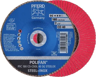 TOOLS 67760485 PFC 180 CO-COOL 40 SG STEELOX Fächerschleifscheibe Durchmesser 180 mm Bohrungs-Ø 22.23 mm Körnung (num) 40 Aluminiumlegierung de PFERD – image du produit 1 sur 2