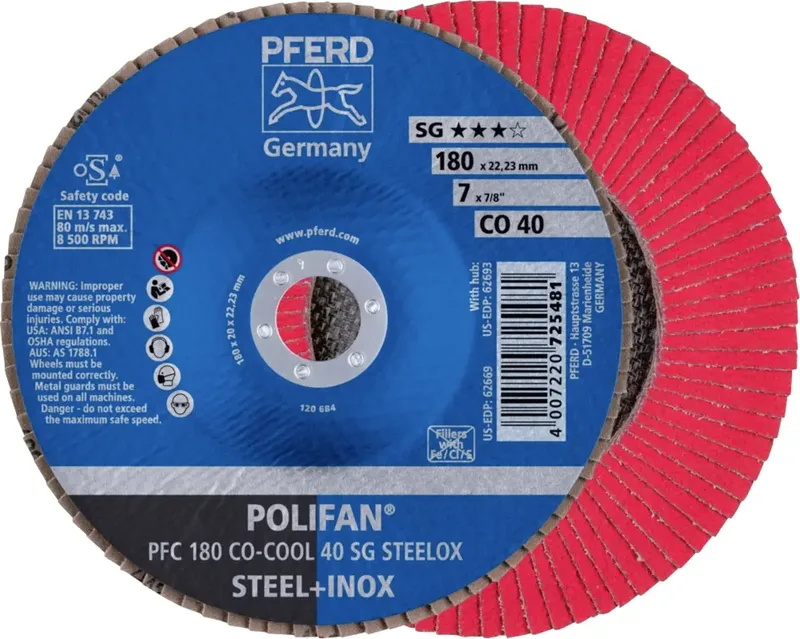 TOOLS 67760485 PFC 180 CO-COOL 40 SG STEELOX Fächerschleifscheibe Durchmesser 180 mm Bohrungs-Ø 22.23 mm Körnung (num) 40 Aluminiumlegierung de PFERD – image du produit 1 sur 2