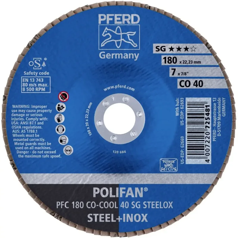 TOOLS 67760485 PFC 180 CO-COOL 40 SG STEELOX Fächerschleifscheibe Durchmesser 180 mm Bohrungs-Ø 22.23 mm Körnung (num) 40 Aluminiumlegierung de PFERD – image du produit 2 sur 2
