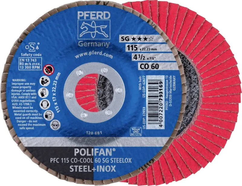 TOOLS 67760615 PFC 115 CO-COOL 60 SG STEELOX Fächerschleifscheibe Durchmesser 115 mm Bohrungs-Ø 22.23 mm Körnung (num) 60 Aluminiumlegierung de PFERD – image du produit 1 sur 2