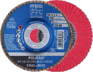 TOOLS 67760625 PFC 125 CO-COOL 60 SG STEELOX Fächerschleifscheibe Durchmesser 125 mm Bohrungs-Ø 22.23 mm Körnung (num) 60 Aluminiumlegierung de PFERD – image du produit 1 sur 2