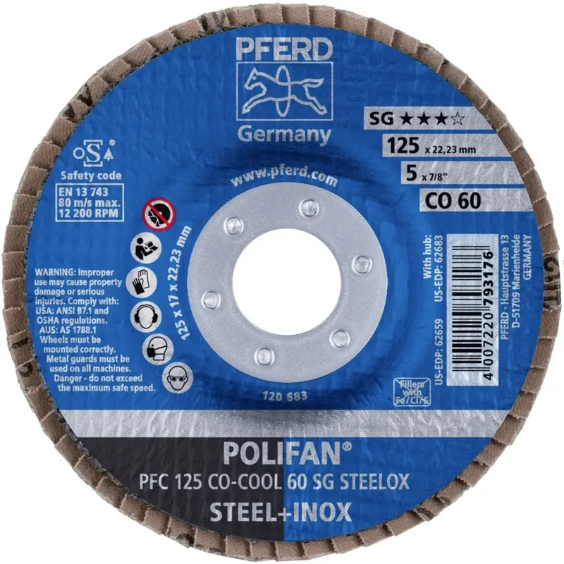 TOOLS 67760625 PFC 125 CO-COOL 60 SG STEELOX Fächerschleifscheibe Durchmesser 125 mm Bohrungs-Ø 22.23 mm Körnung (num) 60 Aluminiumlegierung de PFERD – image du produit 2 sur 2
