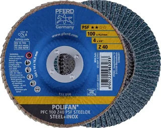 TOOLS 67764100 PFC 100 Z 40 PSF STEELOX/16,0 Fächerschleifscheibe Durchmesser 100 mm Bohrungs-Ø 16 mm Körnung (num) 40 Edelstahl, Stahl 10 St. de PFERD – image du produit 1 sur 2